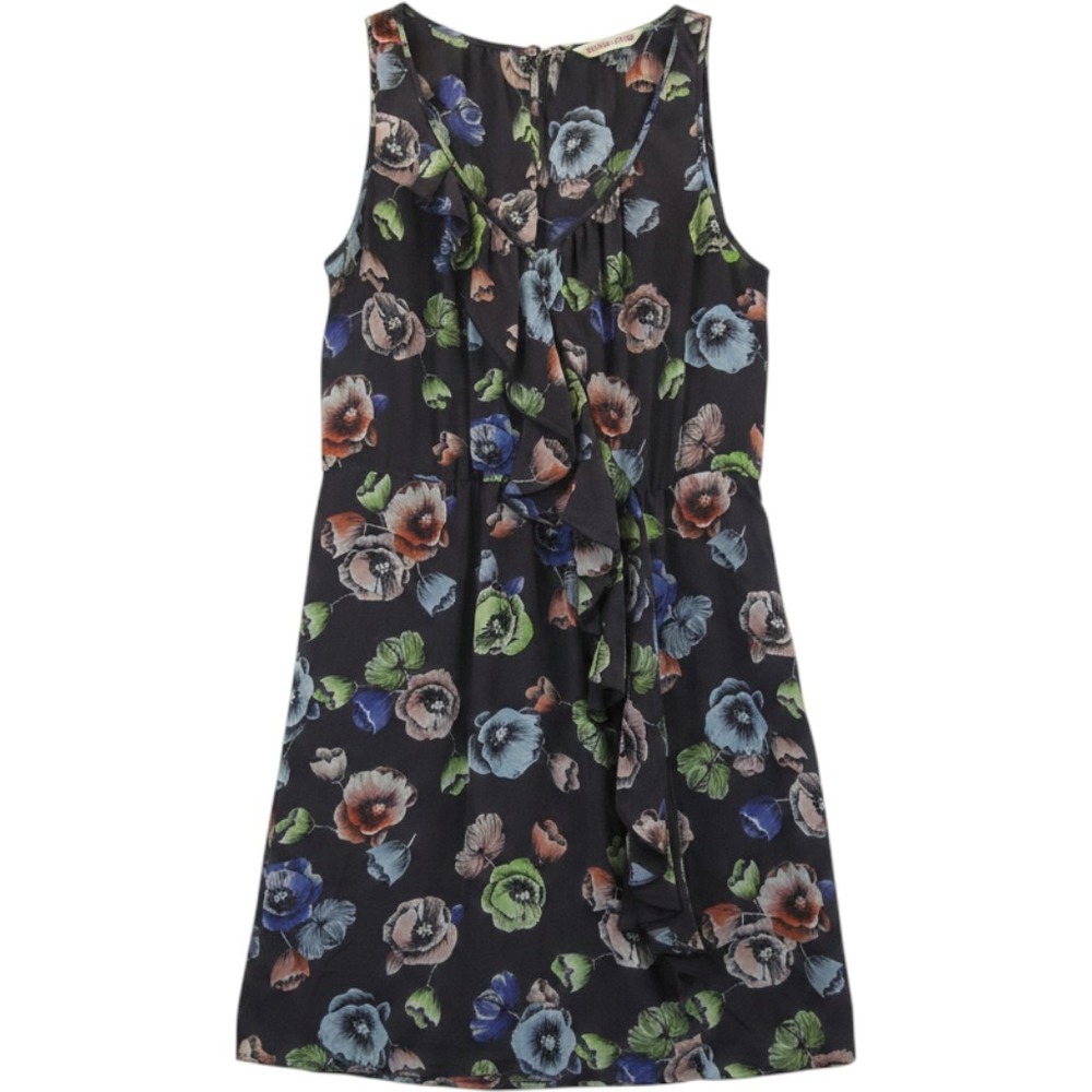 Rebecca Taylor Dress womens 8 Silk Floral Ruffle Sleeveless Gray Pullover Pocket